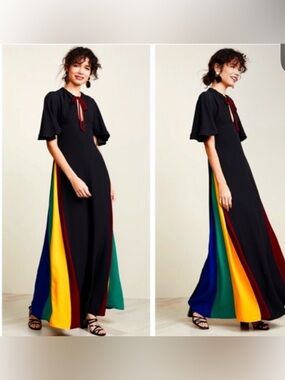 STAUD Black Maxi Dress with Rainbow Side Panels